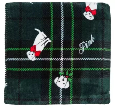 Victoria's Secret Pink Dog Logo Christmas Green Fleece Sherpa