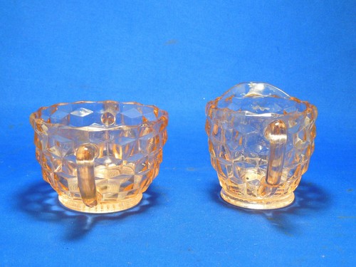 Antique Jeanette Depression Era Glass Cubist Pattern Pink Sugar Bowl & Creamer 3 - Picture 2 of 12