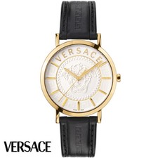 Versace VEJ400221 V-Essential white gold black Leather Men's Watch NEW