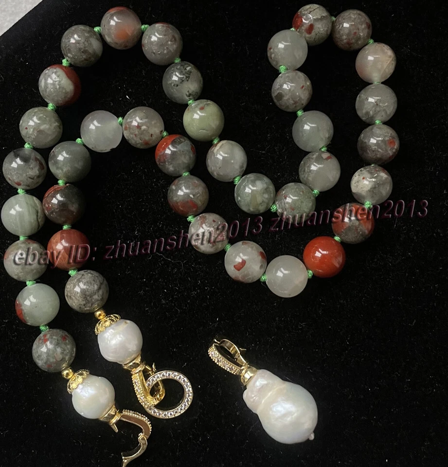Collar colgante de perlas barrocas blancas y cuentas de piedras preciosas redondas de piedras de sangre de 8/10 mm 18" Foto 3 de 4