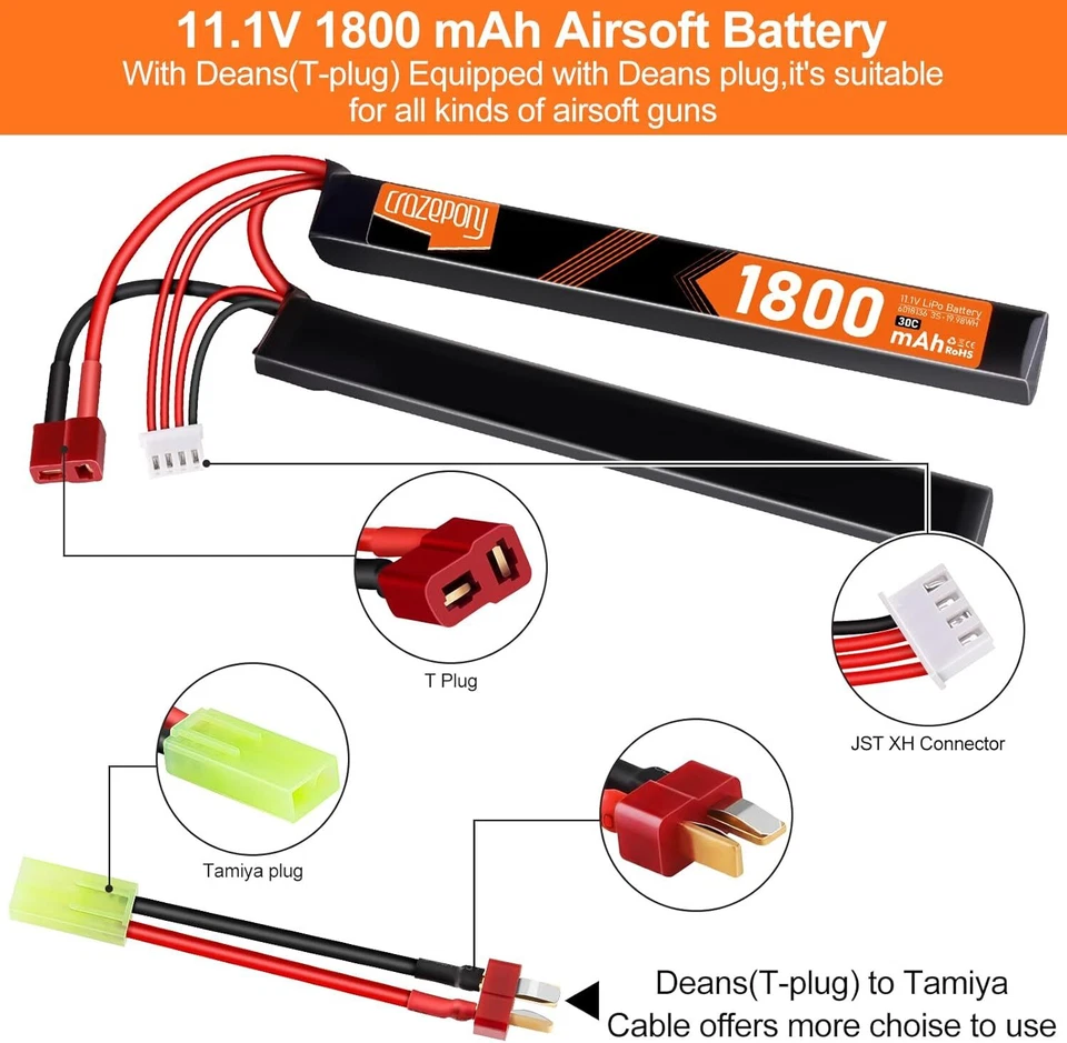 11,1V 1800mAh 3S LiPo-Airsoft-Batterie 30C Nunchuck Split Pack mit Deans T-steck - Bild 3 von 4