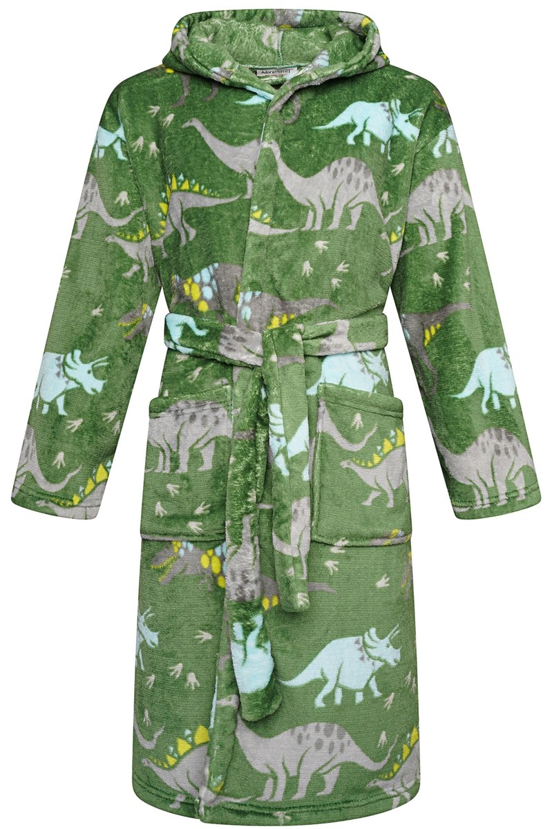 Kids Dinosaur Soft Fleece Bathrobe Green Warm Dressing Gown Bath