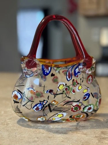 Murano Style Art Glass Purse Vase Hand Blown Colorful Millefiori Bag Sculpture