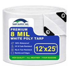 Heavy Duty Waterproof Tarp, 8 Mil Multipurpose White Cover with Reinforced Edges