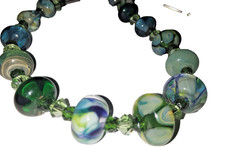 LAMPWORK GLASS BEADS NECKLACE Emerald Green Aqua Blue Crystal Signed Jewelry 18"