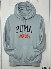PUMA Faux Embroidered Floral Hoodie Fleece Pullover Blue Women  s Size Large