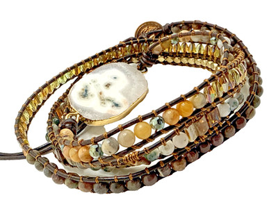 Boho Solar Quarz Wickelarmband Perlen Heilstein veganes Leder goldfarben 34''