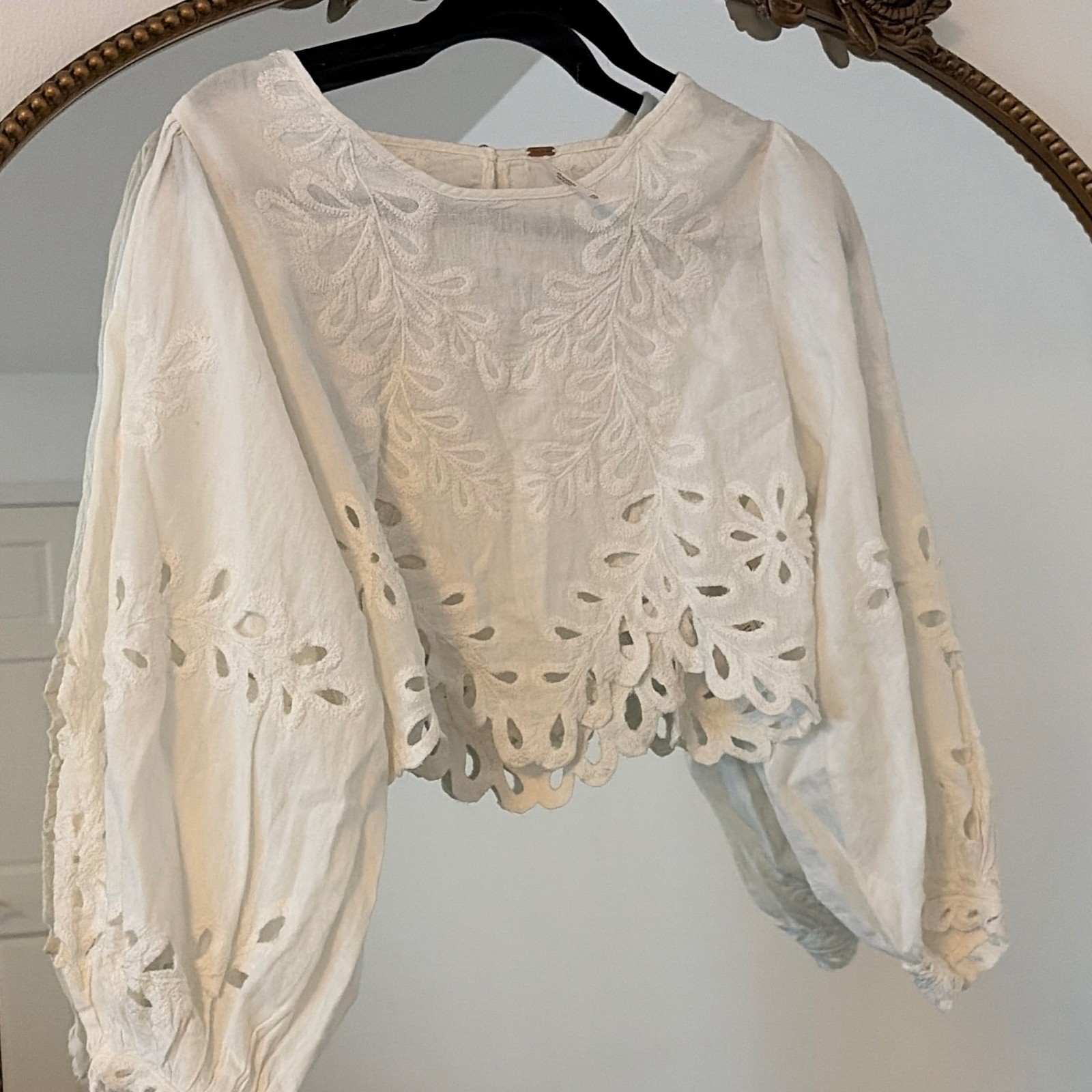 Free People Ivory Cotton Embroidered Eyelet Puff 3/4 Sleeve Blouse XS
