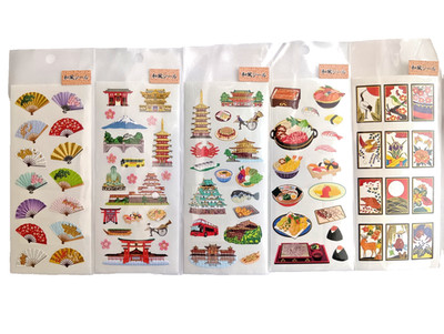 Gold Foil Japanese Sticker Set 5 Sheets Hanafuda Style Fans Sushi Mt Fuji