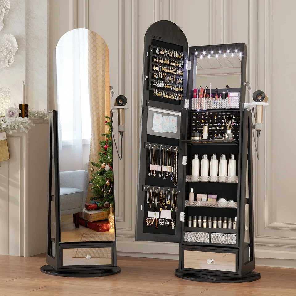 Espelho de comprimento total arco giratório 360° com armazenamento, organizador de joias com trava - Imagem 2 de 4