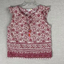 C&C California Blouse M Red Pink Floral Ruffle Peasant Boho Beaded Bird Tassels