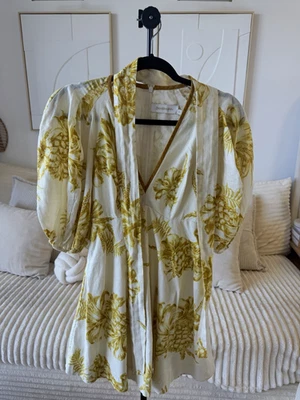 Zimmermann Ivory & Mustard Floral Puff Sleeve Mini Dress - Size 0
