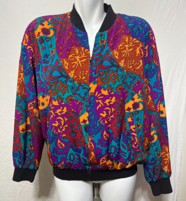 Bethany Women Blue Multi Large Bomber Jacket Windbreaker Elastic Vintage