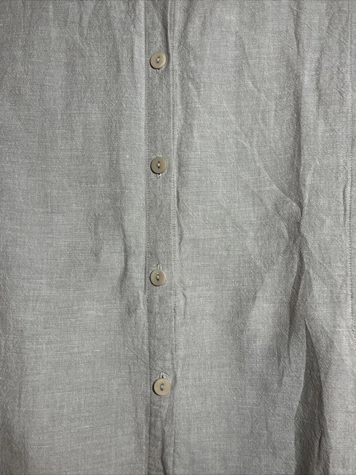 Blusa túnica Eileen Fisher tamanho grande M 44 polegadas mistura de linho bronzeada gola alta com botões - Imagem 2 de 4