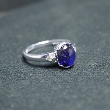 925 Sterling Silver Genuine Blue Sapphire Oval Cabochon Stone Women Elegant Ring