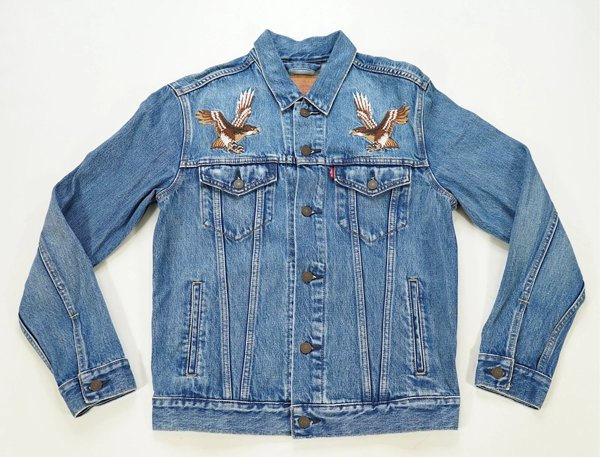 Rare Vintage LEVI STRAUSS CO. Japan Eagle Hawk Flowers Denim Jean Jacket 90s S