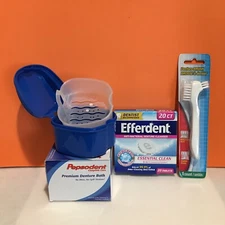 Denture Bath Blue Cup Container and Denture Tablets & Brush Bundle / Retainer