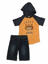 Lucky Brand Boys Hooded T Shirt/Denim Shorts 2pc Set Knit Tiger