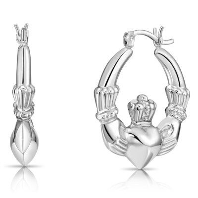 925 Solid Sterling Silver Claddagh Chunky Creole Hoop Earrings Heart Crown Hoops