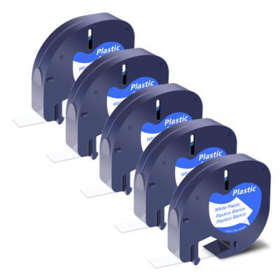 5 Pack Black on White Plastic Label Tape 12mm for DYMO Letra Tag LT 91331 LT100H