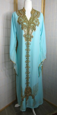 NWT Mehreen Creation India Pakistani Women Teal/Gold Chiffon Beaded Dress Size M