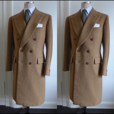 Khaki Wool Men's Overcoat Double Breasted Peak Lapel Leisure Business Warm Wear