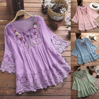 Blouse Tunic Pullover Tops T-Shirt Tees Half Sleeve V Neck Lace Casual Women