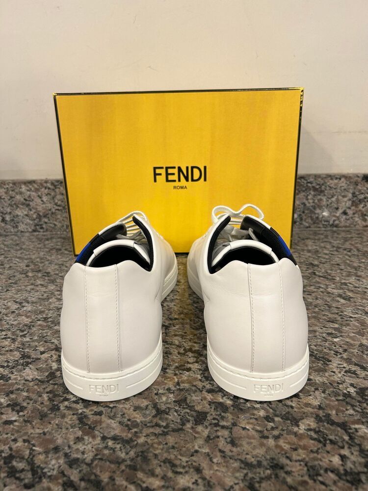 Fendi White Leather Low Top Fendi Logo Print Blue SZ 11 Sneakers