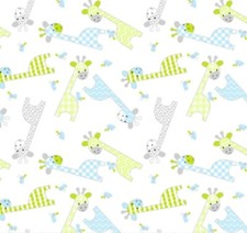 Multicolor Giraffes on White Cotton Flannel Fabric by the Yard