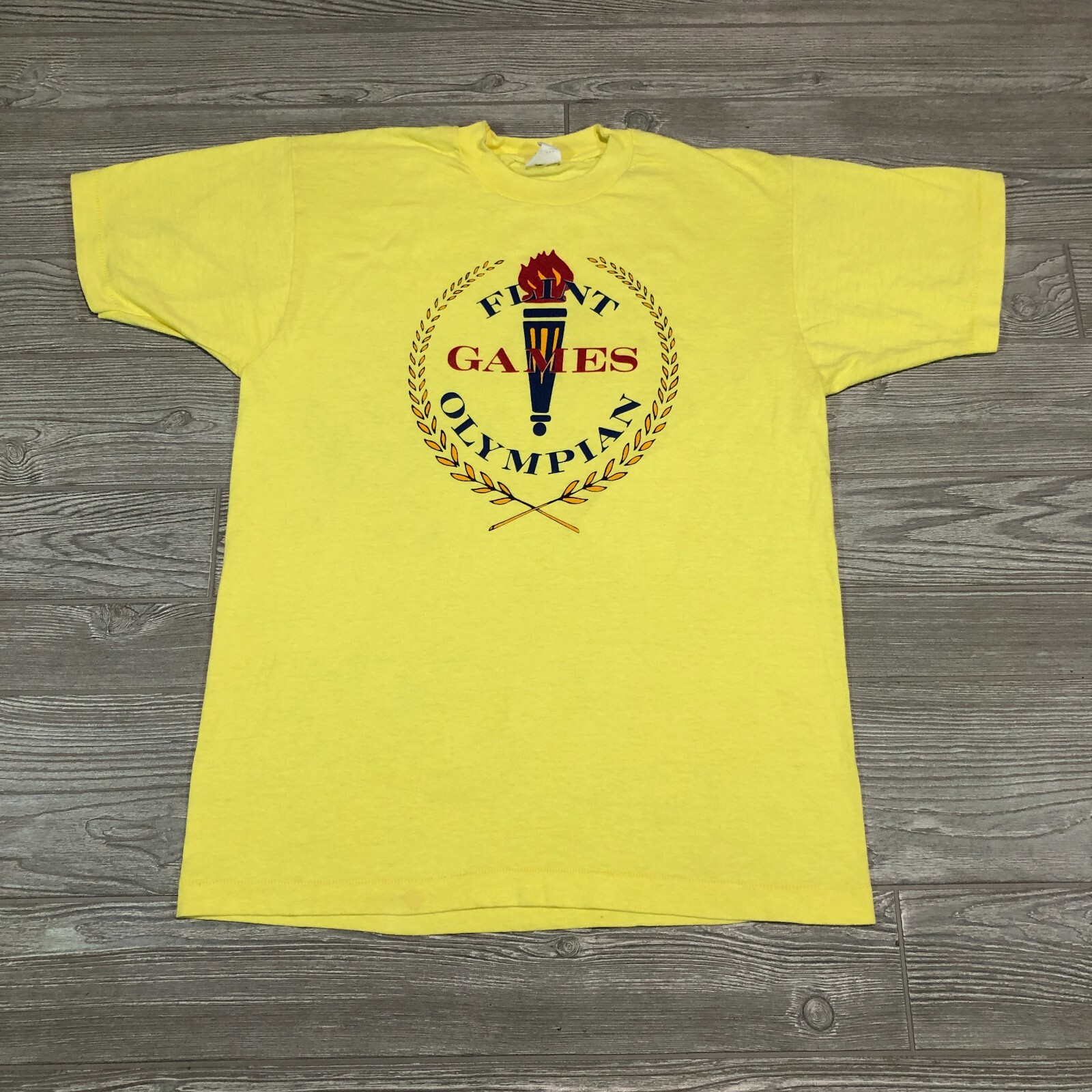 Flint Olympian Games Shirt Mens L Yellow Vintage 80s Michigan Canusa USA 5030