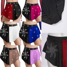 Kids Girls Skirt Lyrical Dancewear Rhinestones Costume Color Block Birthday