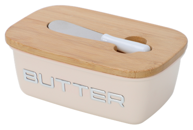 Butter Dish Cream Metal Airtight Storage Container with Wooden Lid Butter Keeper