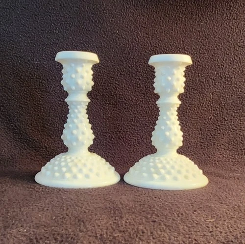 Vintage Fenton Hobnail Milk Glass Candle Holders