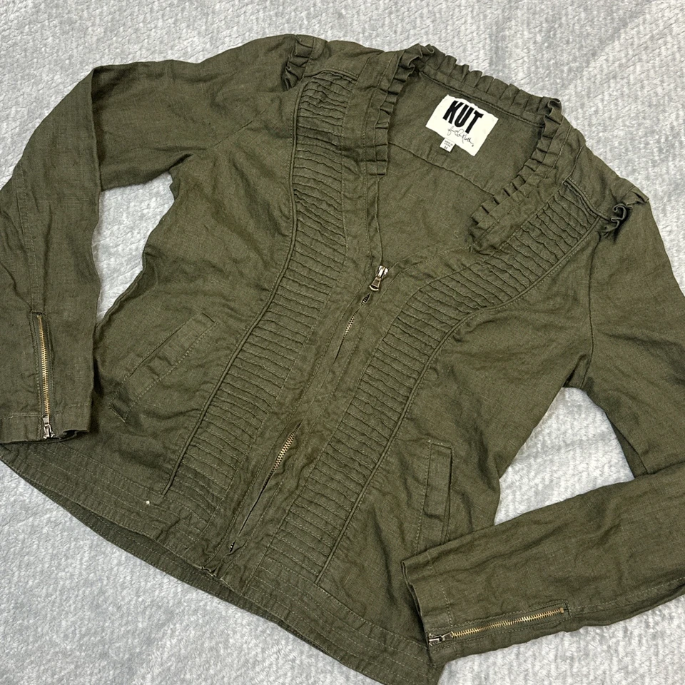 Kut from the Kloth Linen Jacket Womens M Army Green Blazer Full Zip Canvas Coat - Image 4 of 4
