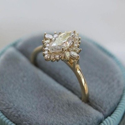 Vintage-Verlobungsring 1 kt Marquise-Schliff VVS1 Moissanit 10 kt Gelbgold massiv