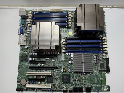 Supermicro X8DTi Motherboard with 2× Intel Xeon CPUs, Heatsinks, I/O Shield