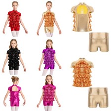 Girls Outfit Multi-Tier Top  Shorts Spandex Set Sequin Dance Costume Sequined