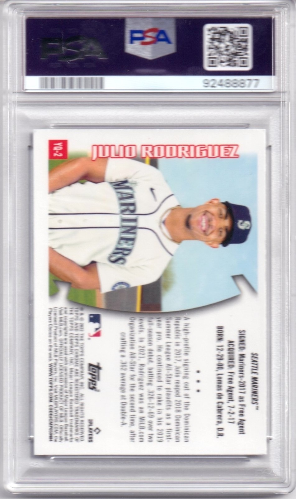 2022 TOPPS CHROME SONIC #YQ2 JULIO RODRIGUEZ RC SEATTLE MARINERS PSA NM-MT 8