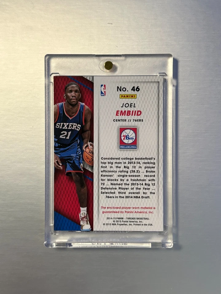 2014 Threads Joel Embiid Rookie Threads Prime Patch 76ers RC /25 - Image 2 of 2