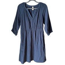 PACT Blue 100 Organic Cotton Gauze Dress Split Neck Elastic Waist 3/4 SLV SZ M