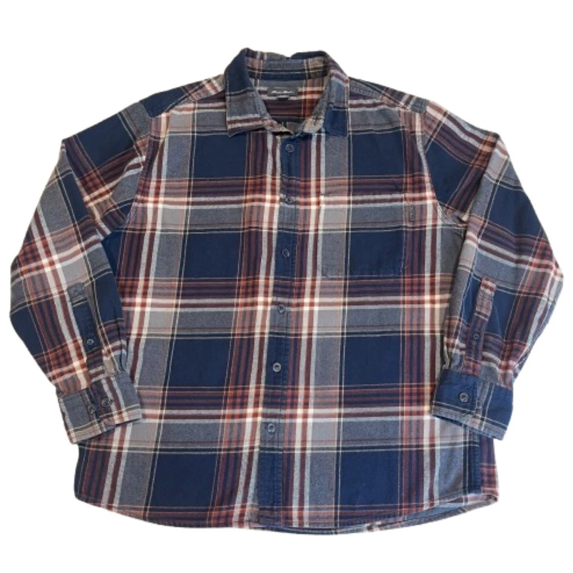 Eddie Bauer Men's Large Cotton Flannel Long Sleeve Button Shirt Blue Red Plaid