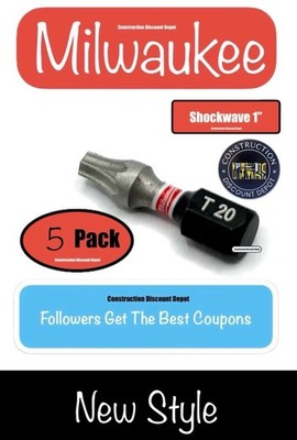 Pack Of 5 Milwaukee Shockwave Impact Duty Torx T-20 Insert Drill Bits 1'' T20
