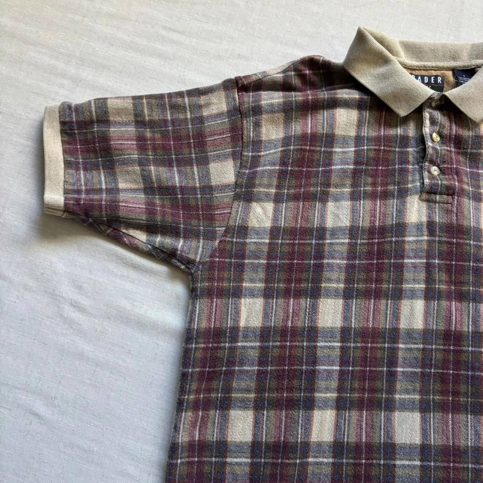 Vintage Trader Bay Plaid Polo Shirt Beige Red Size L Cotton Blend Y2K - Image 3 of 4