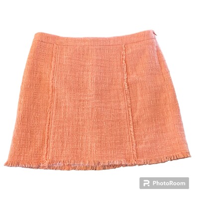 Kenar Peach Orange Tweed Skirt 10 Fringe Frayed Edges Lined Straight