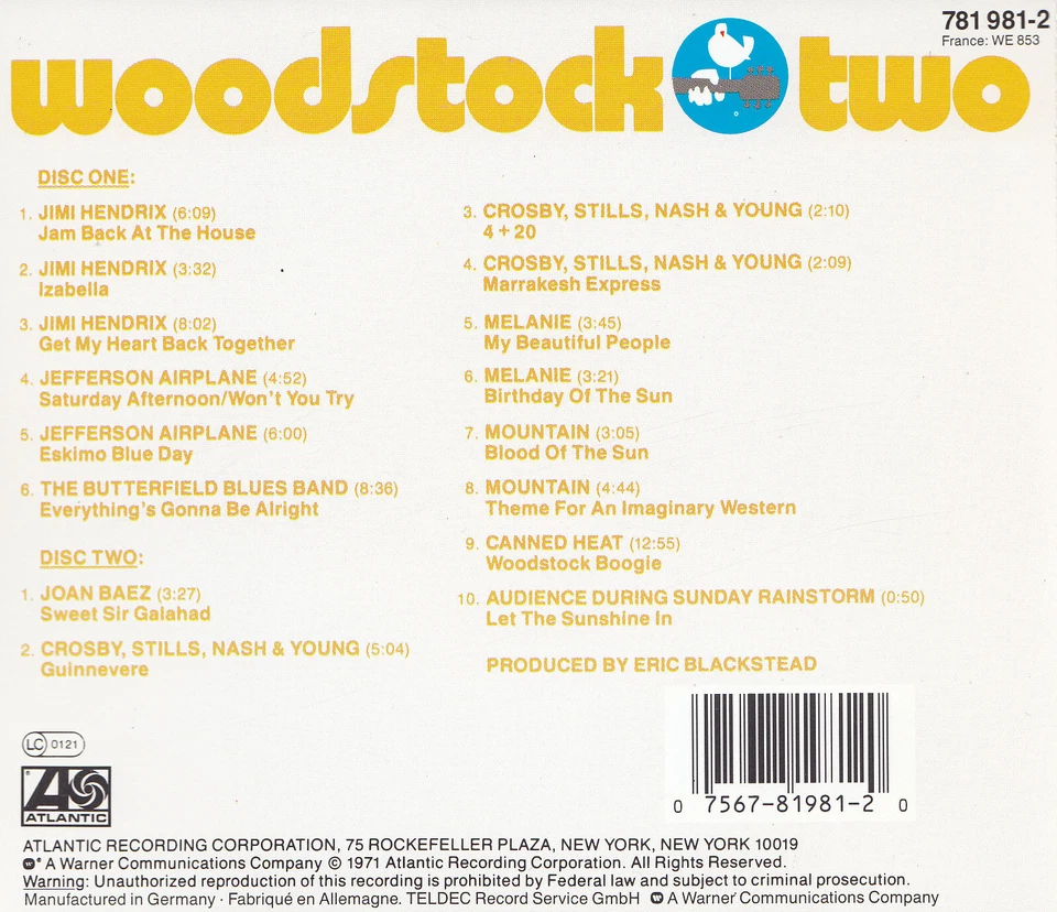WOODSTOCK TWO - 2 CD - THREE DAYS OF PEACE AND MUSIC - Bild 2 von 2
