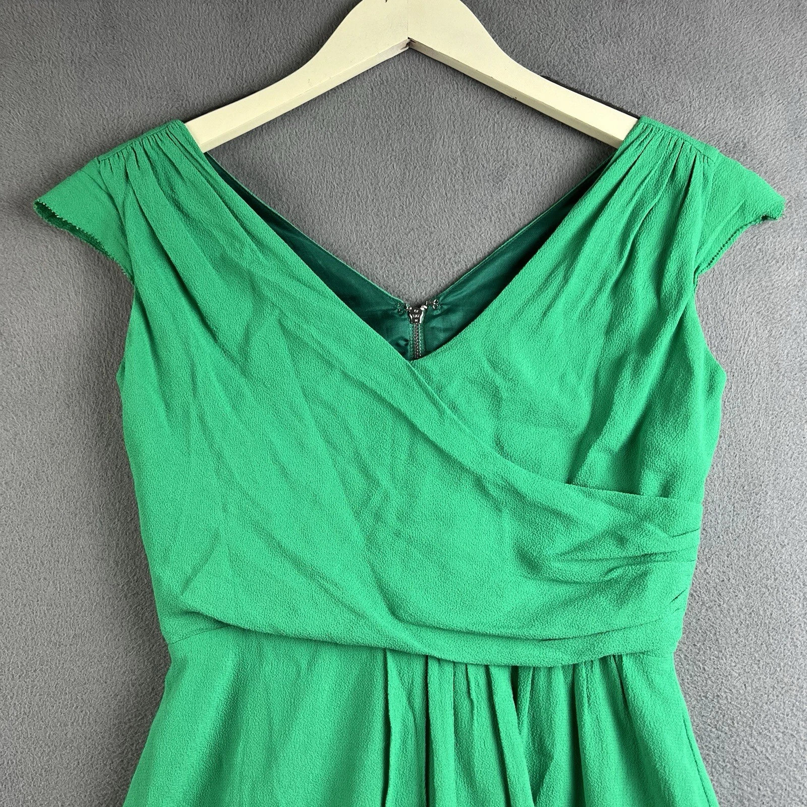 Abito donna Kate Spade taglia 2 verde smeraldo balza orlo arricciato avvolgente senza maniche