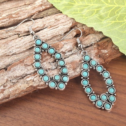 Silver Plated Turquoise Drop Dangle Earrings, Cute Boho Jewelry for Women - Picture 2 of 7
