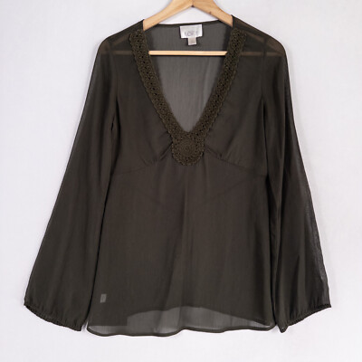 Vintage Ann Taylor LOFT Top Blouse Size 4 Dark Green Crochet Trim Fairy Grunge