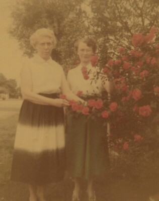 Two Women Flowers Summer Dresses Smiling Bush Background 1954