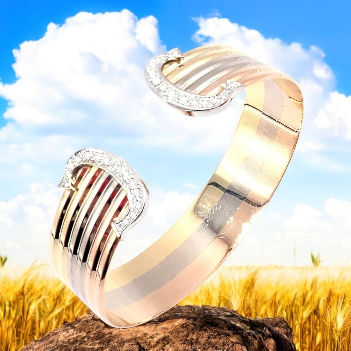 Authentic! Cartier 18k Tri-Color Gold Diamond Double C Wide Cuff